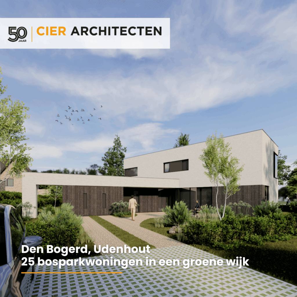 Bosparkwoningen Den Bogerd Udenhout in groene wijk met ruime kavels en moderne architectuur.