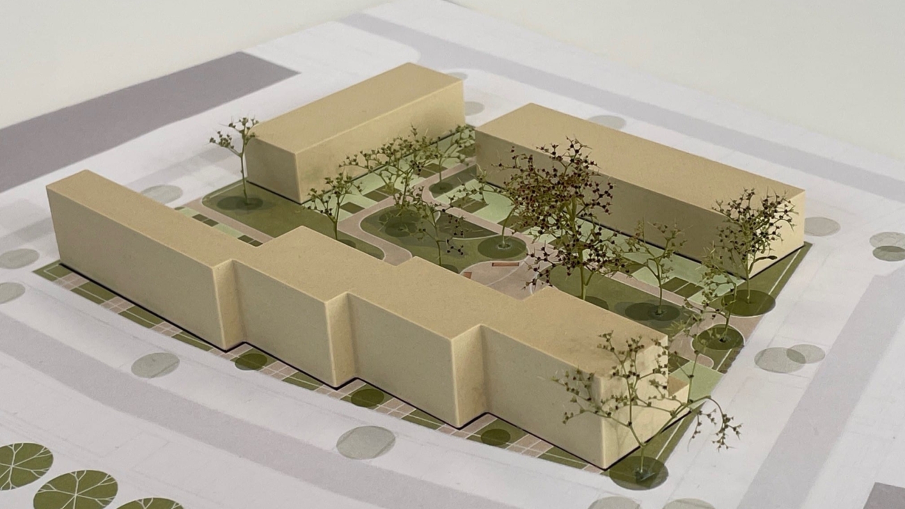Een 3D model op schaal toont duidelijk de ruimtelijke verhoudingen en bouwvolumes van een stedenbouwkundig plan.