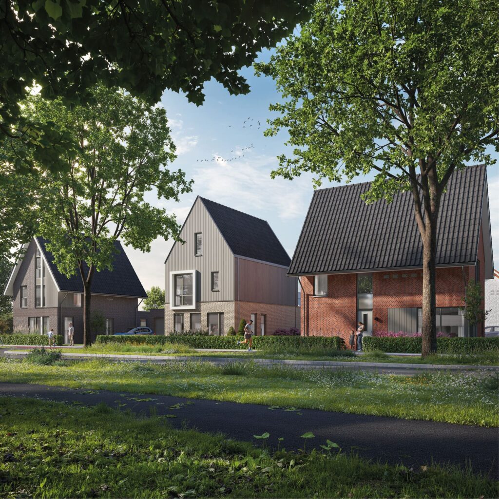 Luchenweide Mierlo met gevarieerde woningen, groene verblijfsplekken en wadi’s in een ruim opgezette wijk.