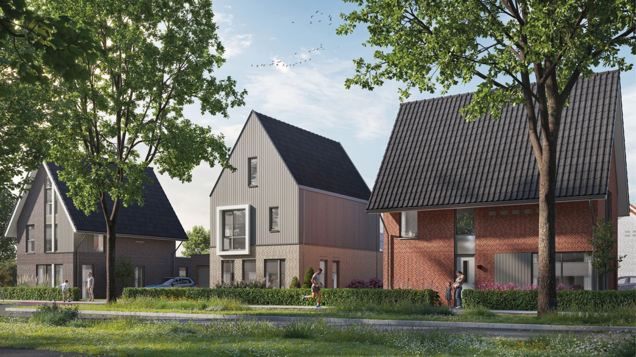 Luchenweide Mierlo met gevarieerde woningen, groene verblijfsplekken en wadi’s in een ruim opgezette wijk.